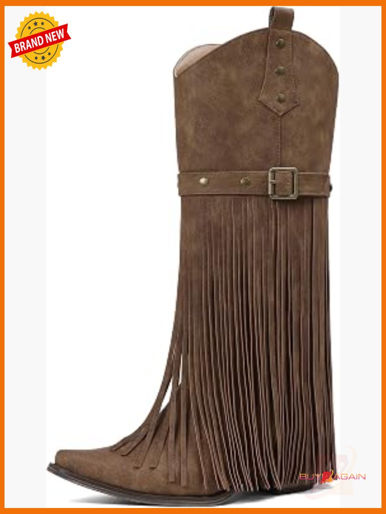 Women's Cowgirl Boots Retro Fringe Pointed Toe Block Heel Mid Calf Western Boots